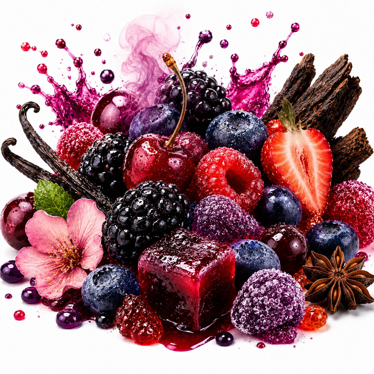 A vibrant assortment of fresh berries and fruit arranged in a glossy, syrupy pile with a magenta splash behind them on a white background. Visible fruits include blackberries, raspberries, strawberries, blueberries, vanilla beans, cinnamon sticks, a pink flower, and star anise.