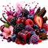 A vibrant assortment of fresh berries and fruit arranged in a glossy, syrupy pile with a magenta splash behind them on a white background. Visible fruits include blackberries, raspberries, strawberries, blueberries, vanilla beans, cinnamon sticks, a pink flower, and star anise.