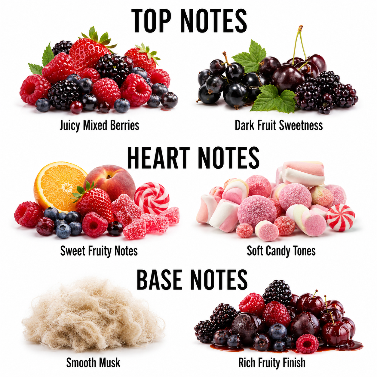 A fragrance notes graphic with six fruit and candy clusters labeled by scent family: Top Notes include Juicy Mixed Berries and Dark Fruit Sweetness; Heart Notes include Sweet Fruity Notes and Soft Candy Tones; Base Notes include Smooth Musk and Rich Fruity Finish.