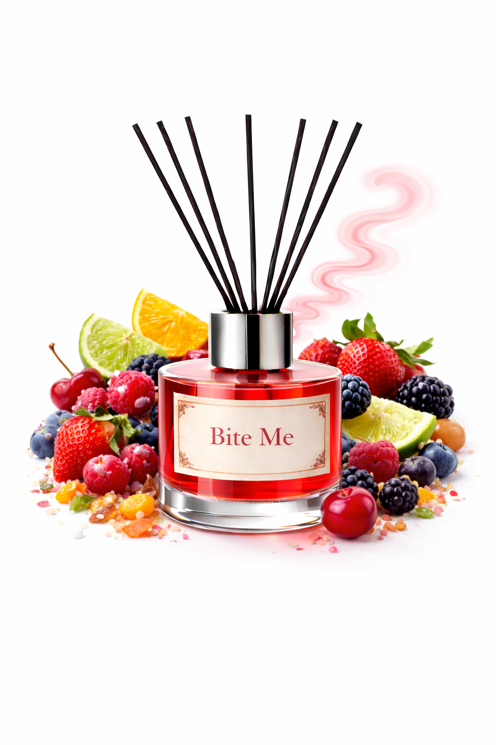 Reed diffuser labeled 'Bite Me' surrounded by fruits on a white background