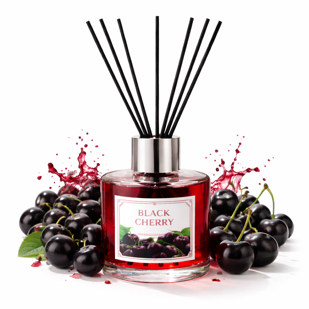 Red diffuser bottle labeled 'Black Cherry' with black cherries around on a white background