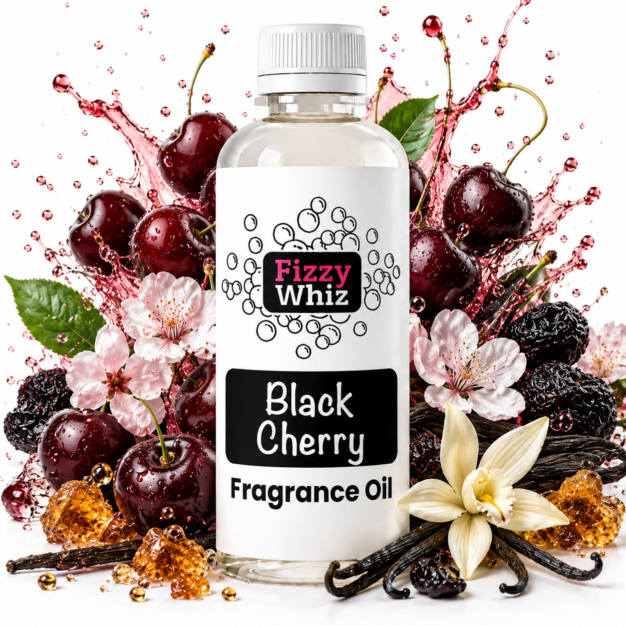 A bottle of Fizzy Whiz Black Cherry Fragrance Oil centered against a white background, surrounded by cherry blossoms, cherries, vanilla beans, and amber crystals in a stylized splash composition.
