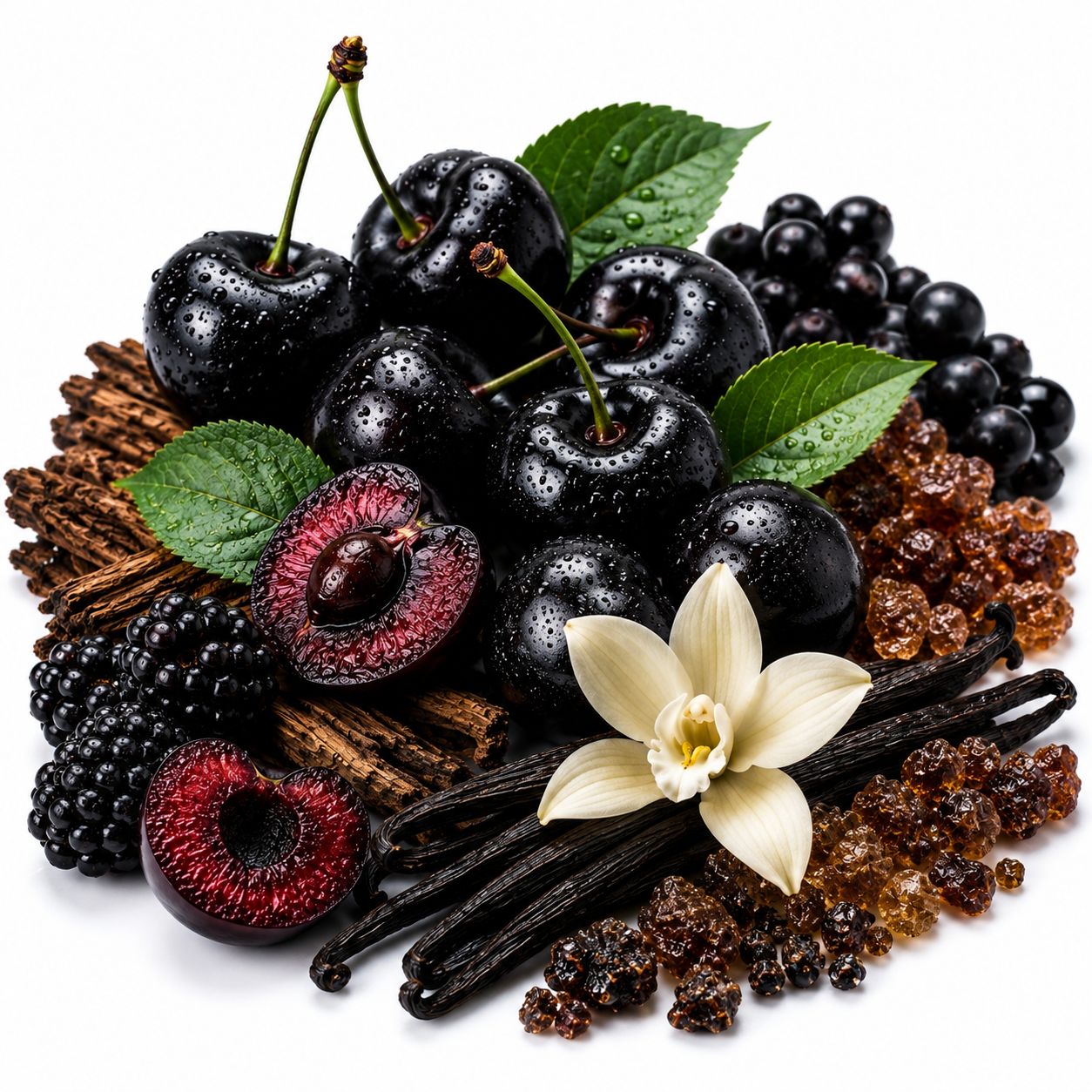Glossy black cherries and blackberries with rich vanilla pods, warm amber crystals and dark woody notes, creating a deep, sweet and luxurious Black Cherry fragrance.