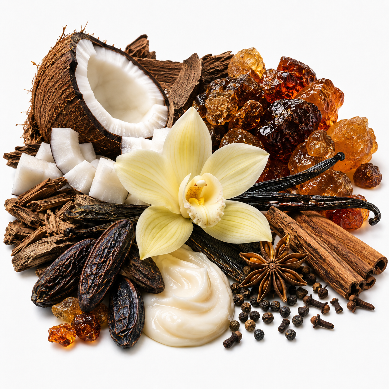 A styled botanical arrangement of natural ingredients on a white background, including a halved coconut, white coconut pieces, a pale vanilla orchid flower, vanilla beans, cinnamon sticks, star anise, cloves, brown sugar crystals, amber sugar pieces, and dark brown spices.