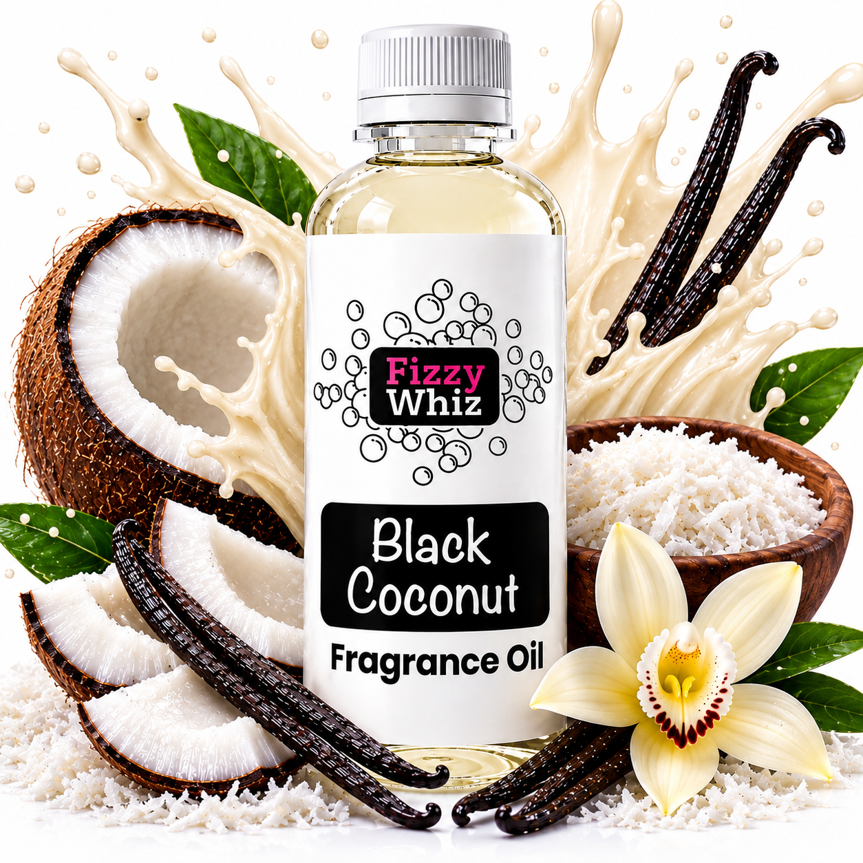 A bottle of Fizzy Whiz Black Coconut Fragrance Oil centered in a styled product composition with a coconut, vanilla beans, vanilla flower, coconut powder, and cream splash background.