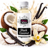 A bottle of Fizzy Whiz Black Coconut Fragrance Oil centered in a styled product composition with a coconut, vanilla beans, vanilla flower, coconut powder, and cream splash background.