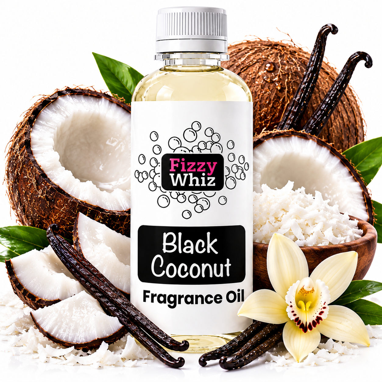 A bottle of Fizzy Whiz Black Coconut Fragrance Oil centered on a white background, surrounded by whole and halved coconuts, vanilla beans, shredded coconut, and a vanilla flower. The bottle label reads 'Fizzy Whiz' and 'Black Coconut Fragrance Oil.