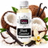 A bottle of Fizzy Whiz Black Coconut Fragrance Oil centered on a white background, surrounded by whole and halved coconuts, vanilla beans, shredded coconut, and a vanilla flower. The bottle label reads 'Fizzy Whiz' and 'Black Coconut Fragrance Oil.