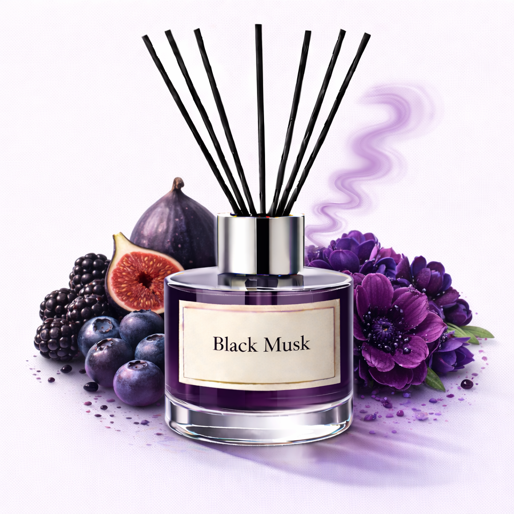 Reed diffuser labeled 'Black Musk' with black sticks, figs, berries, and flowers on a white background