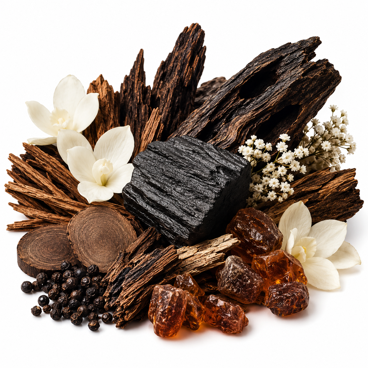 A styled botanical arrangement on a white background featuring dark brown wood bark, a black charcoal-like stone, amber translucent pieces, black peppercorns, and two white flowers.