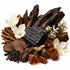 A styled botanical arrangement on a white background featuring dark brown wood bark, a black charcoal-like stone, amber translucent pieces, black peppercorns, and two white flowers.