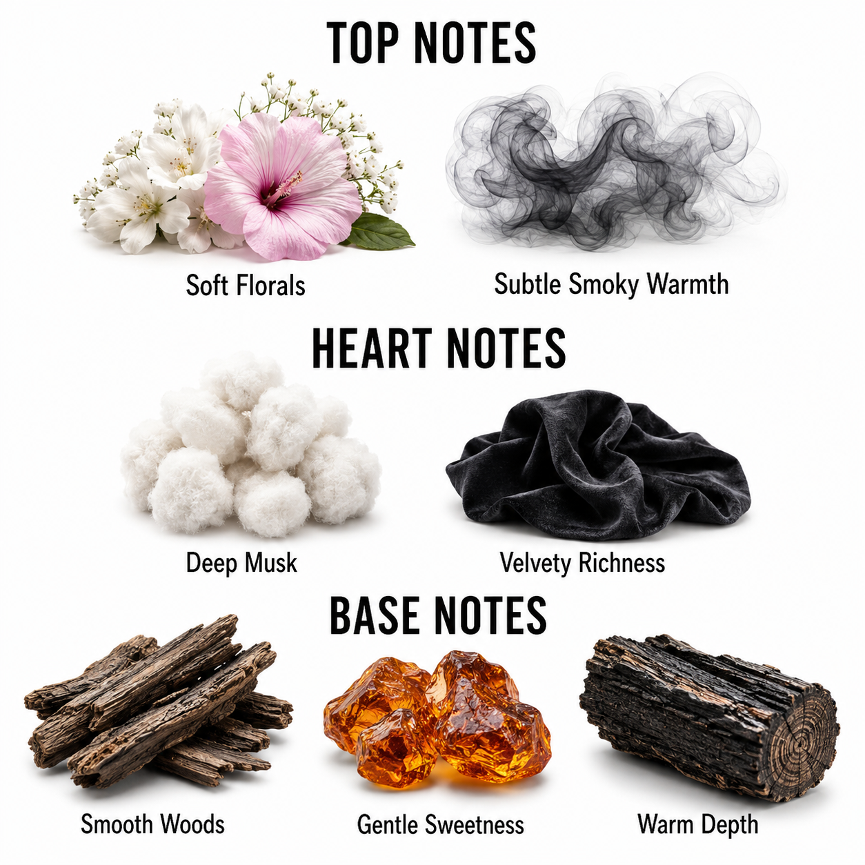 A fragrance notes graphic on a white background with the headings TOP NOTES, HEART NOTES, and BASE NOTES. Top notes shown include soft florals with white blossoms and a pink flower, plus subtle smoky warmth represented by dark smoke.