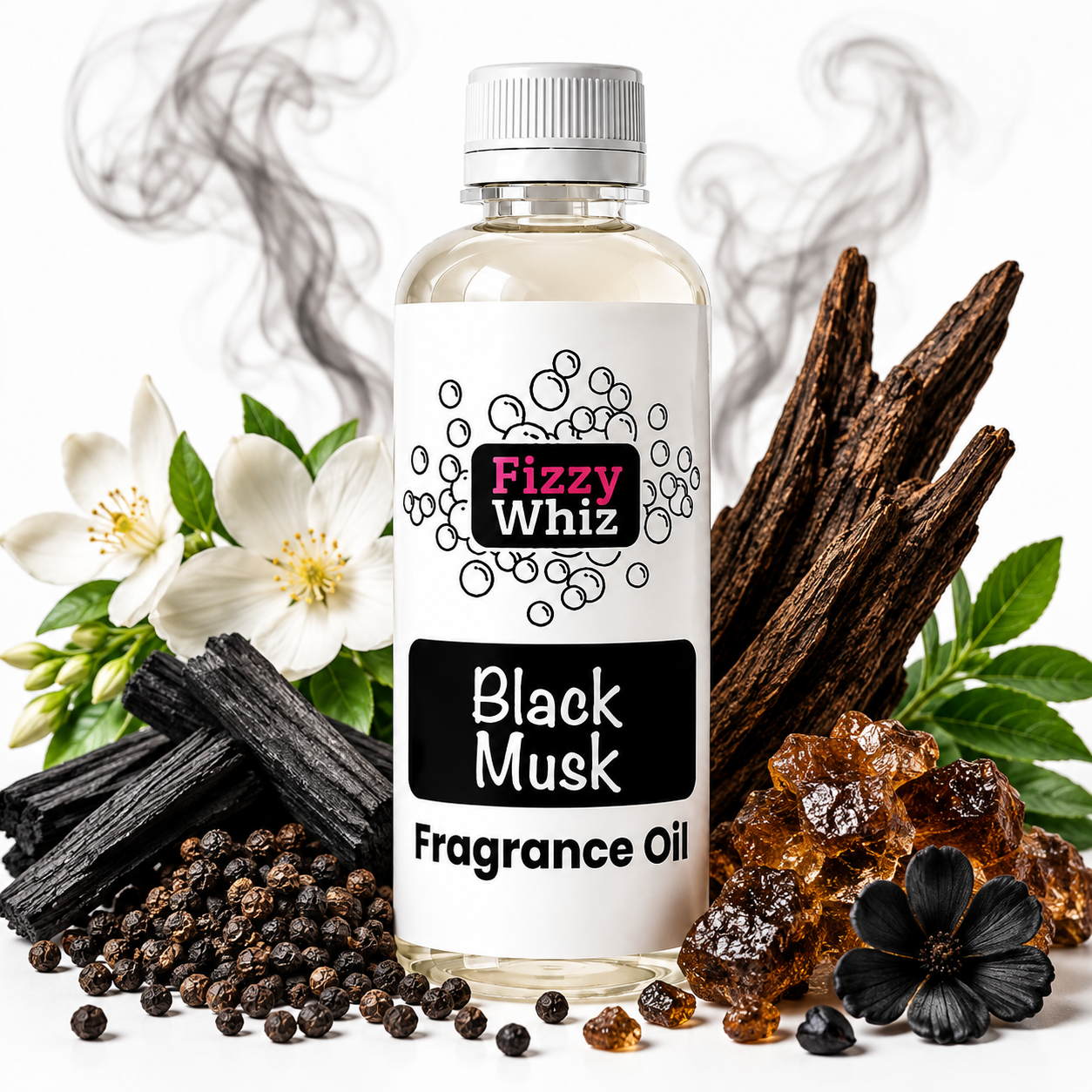 A bottle of Fizzy Whiz Black Musk Fragrance Oil centered on a white background, surrounded by scent ingredients including vanilla pods, amber crystals, black peppercorns, white flowers, and smoke effects.