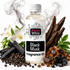 A bottle of Fizzy Whiz Black Musk Fragrance Oil centered on a white background, surrounded by scent ingredients including vanilla pods, amber crystals, black peppercorns, white flowers, and smoke effects.