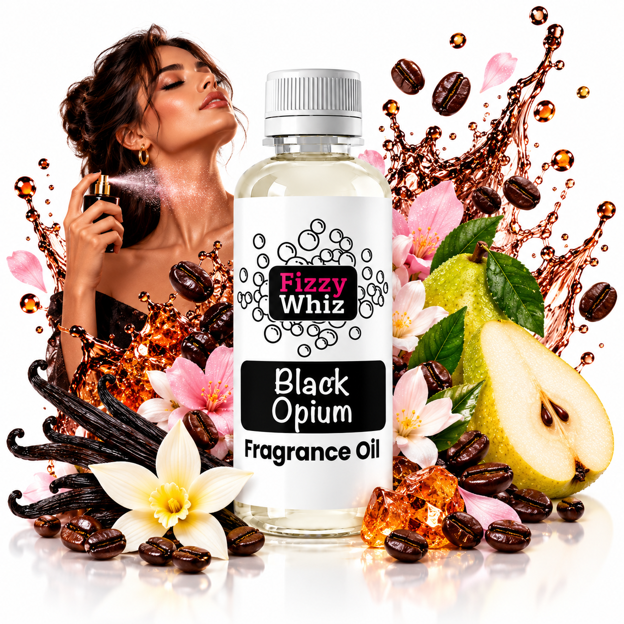 A bottle of Fizzy Whiz Black Opium Fragrance Oil centered on a white background, surrounded by decorative graphics including a woman spraying perfume, coffee beans, flowers, vanilla pods, a pear, and syrup splashes. The product label reads 'Fizzy Whiz', 'Black Opium', and 'Fragrance Oil'.