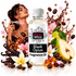 A bottle of Fizzy Whiz Black Opium Fragrance Oil centered on a white background, surrounded by decorative graphics including a woman spraying perfume, coffee beans, flowers, vanilla pods, a pear, and syrup splashes. The product label reads 'Fizzy Whiz', 'Black Opium', and 'Fragrance Oil'.