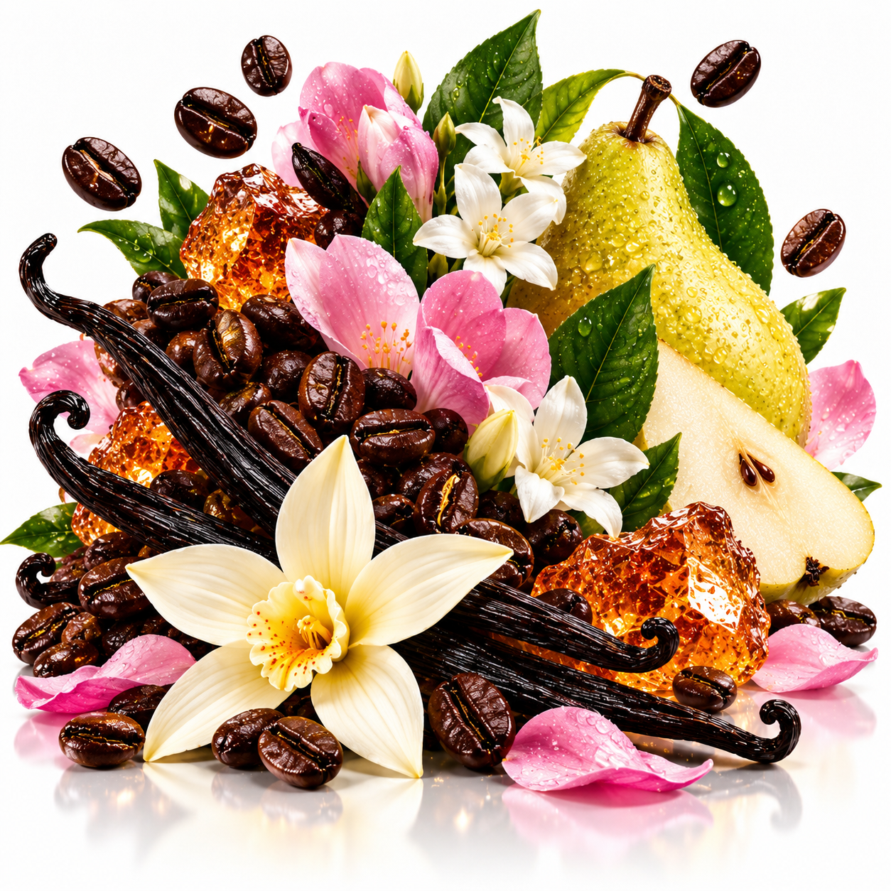 A styled botanical arrangement of vanilla beans, roasted coffee beans, amber honeycomb, a sliced pear, green pears, pink flowers, white flowers, and green leaves on a white background.