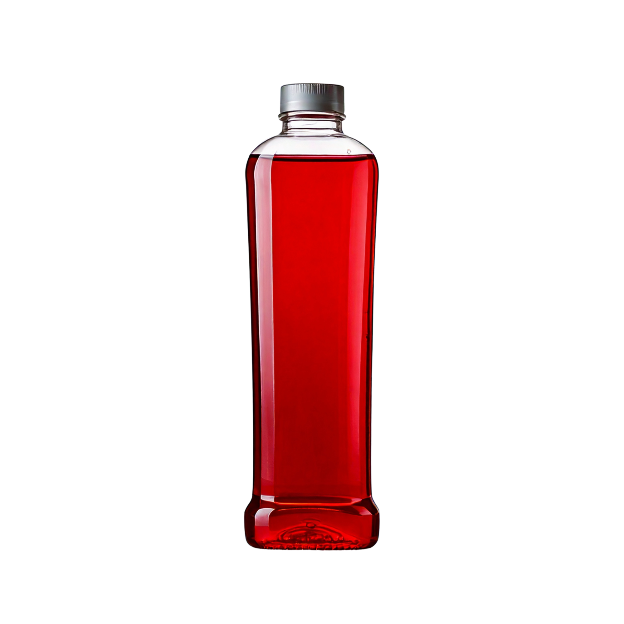tall clear bottle with red liquid silver cap