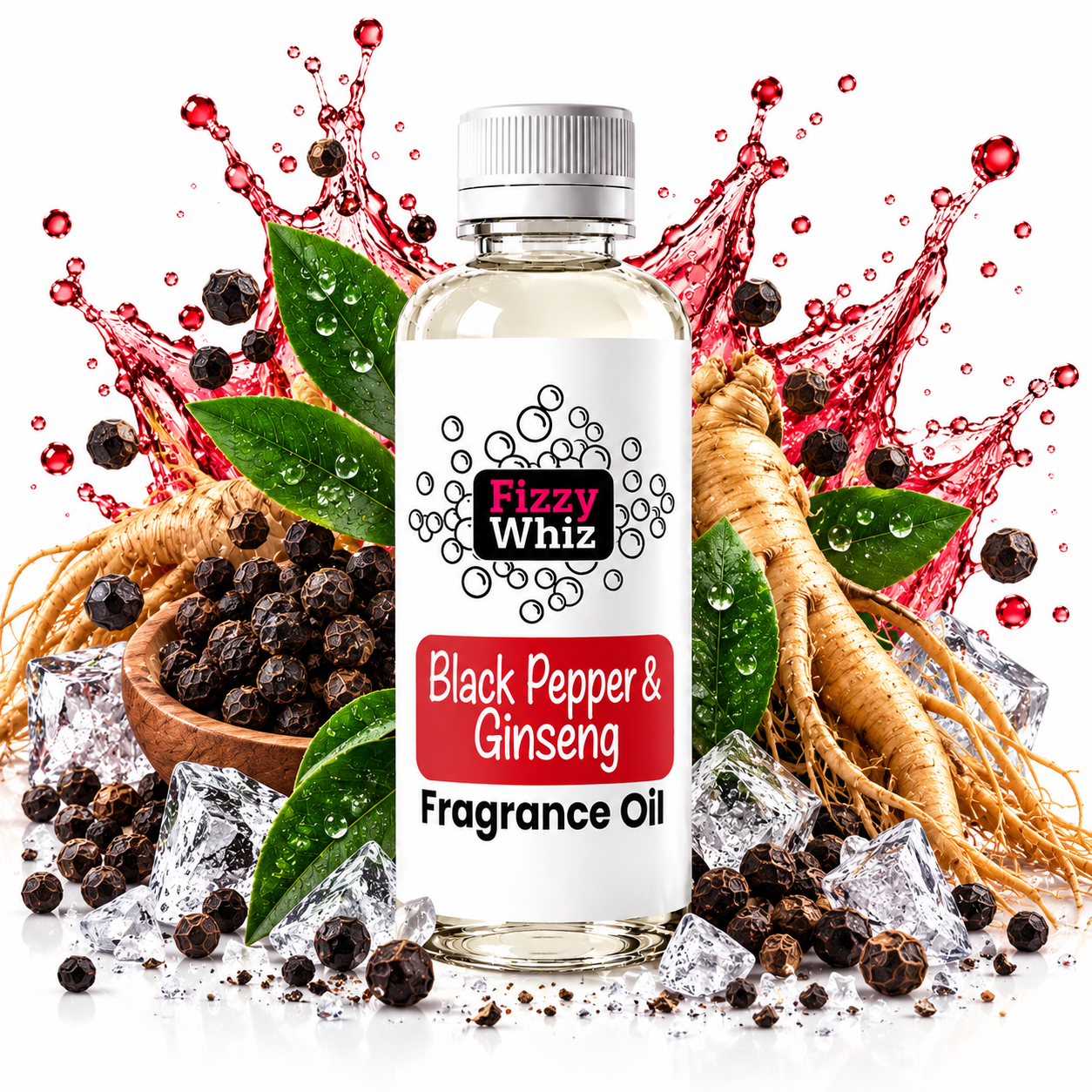 A bottle of Fizzy Whiz Black Pepper & Ginseng Fragrance Oil centered on a white background, surrounded by ice cubes, whole black peppercorns, green ginseng roots, and leaves with a red liquid splash behind it.