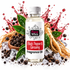 A bottle of Fizzy Whiz Black Pepper & Ginseng Fragrance Oil centered on a white background, surrounded by ice cubes, whole black peppercorns, green ginseng roots, and leaves with a red liquid splash behind it.