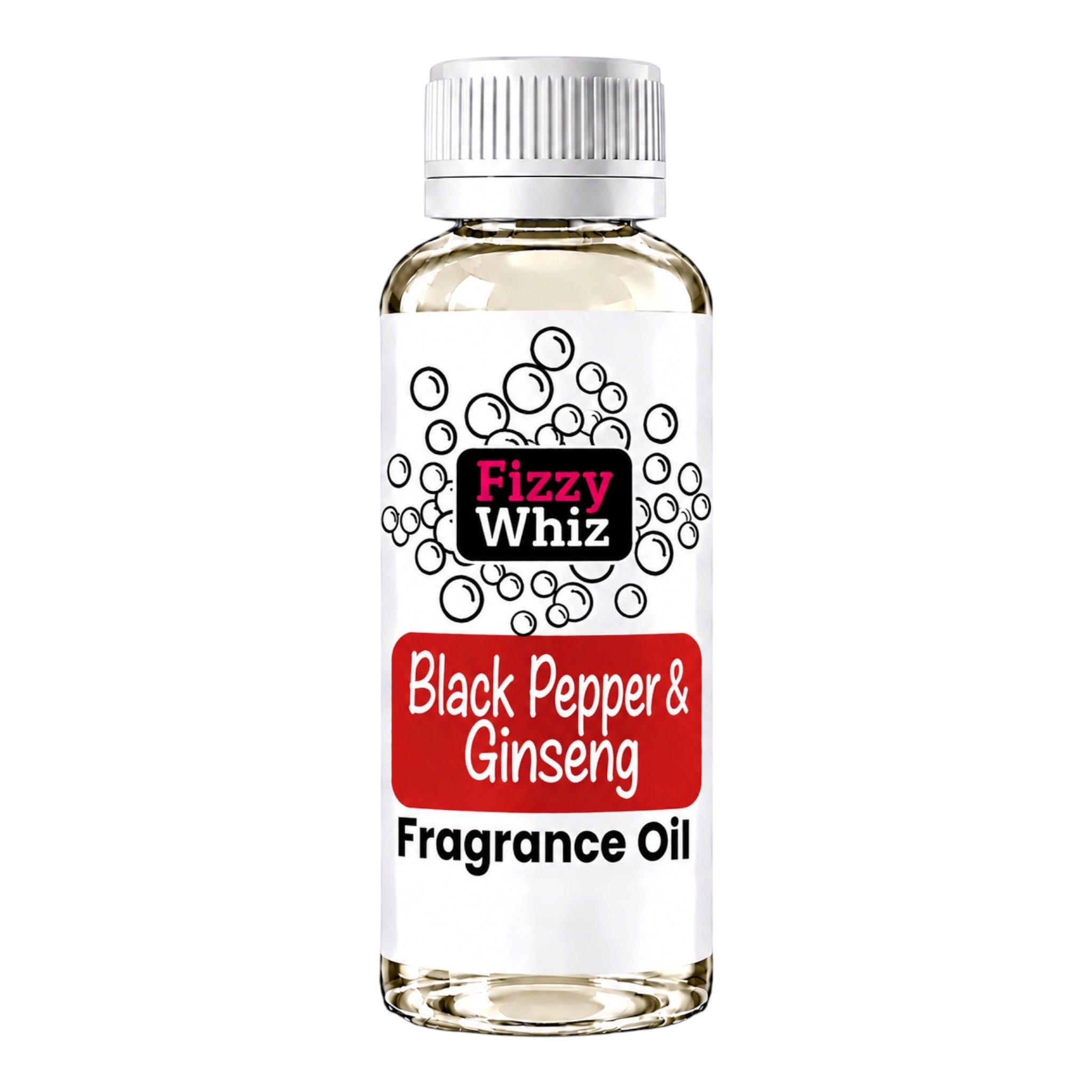 A bottle of Fizzy Whiz Black Pepper & Ginseng Fragrance Oil with a white cap and a white label featuring a red banner, set against a plain white background.