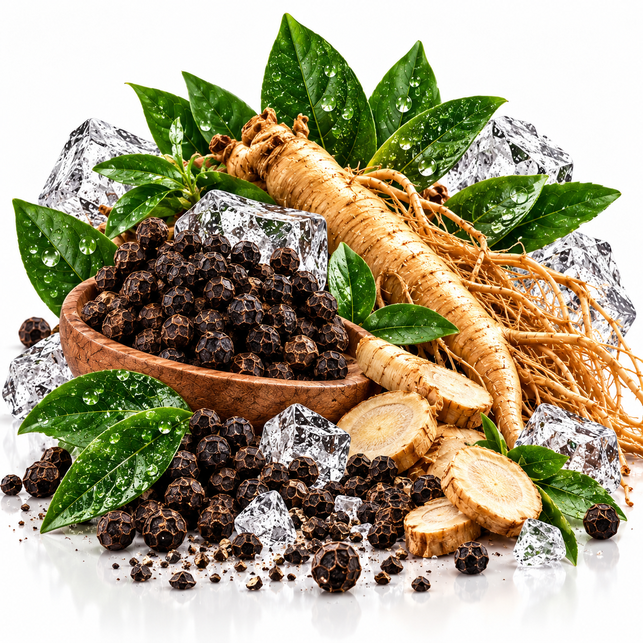 A styled arrangement of whole and sliced herbal roots, dark peppercorns in a wooden bowl, glossy green leaves, and clear ice cubes on a white background.