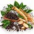 A styled arrangement of whole and sliced herbal roots, dark peppercorns in a wooden bowl, glossy green leaves, and clear ice cubes on a white background.