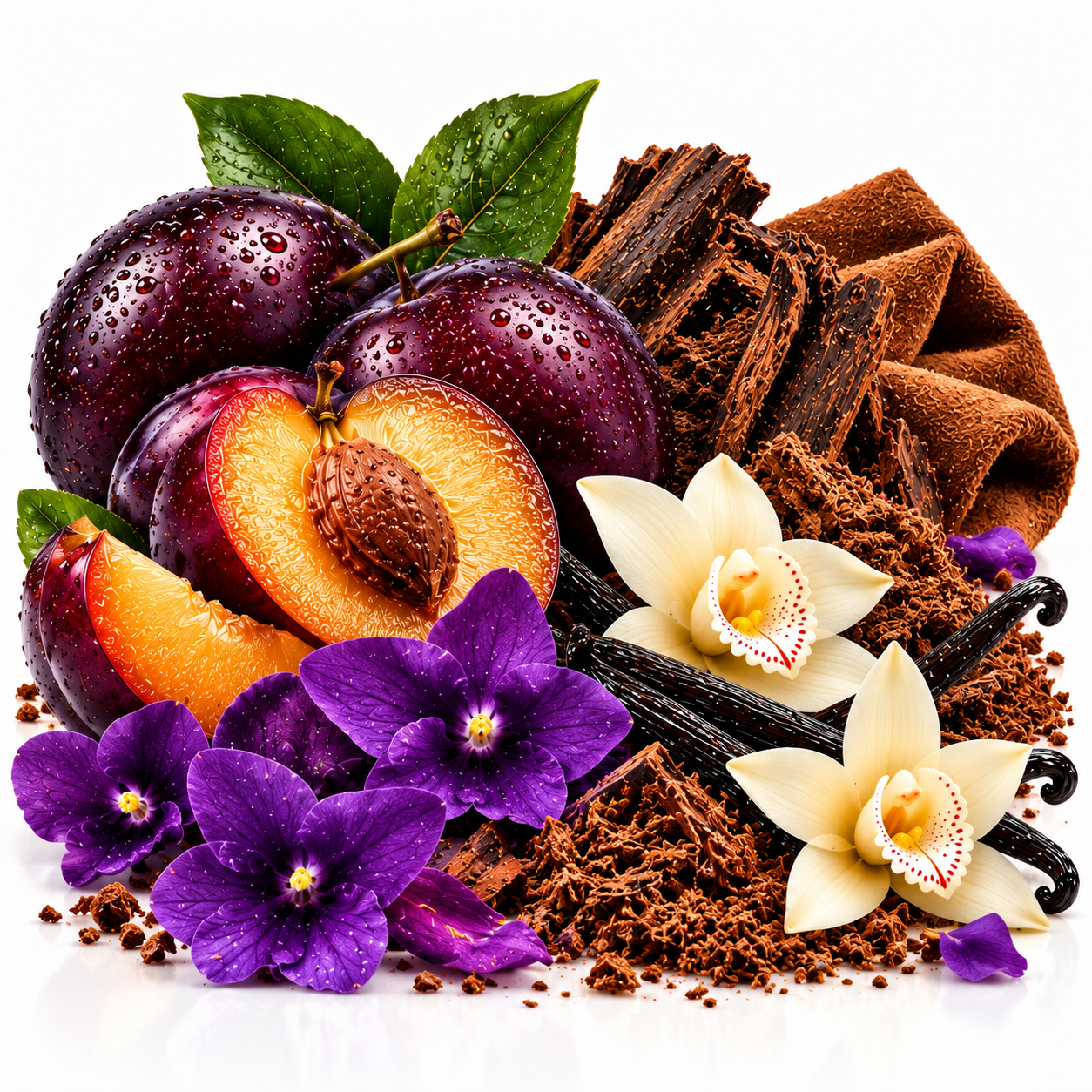 A styled botanical arrangement of purple plums, sliced peach, purple flowers, cream orchids, vanilla beans, brown bark pieces, and fine brown powder on a white background.