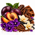 A styled botanical arrangement of purple plums, sliced peach, purple flowers, cream orchids, vanilla beans, brown bark pieces, and fine brown powder on a white background.