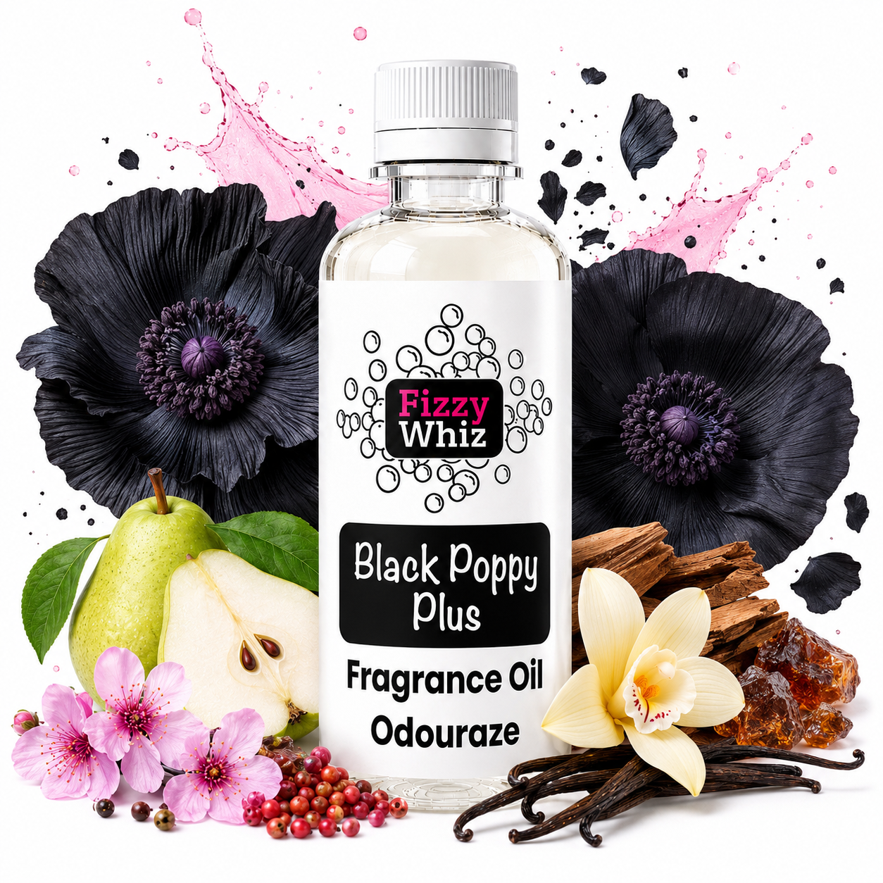 A bottle of Fizzy Whiz Black Poppy Plus fragrance oil centered on a white background, surrounded by decorative scent ingredients including black flowers, a pear, pink blossoms, vanilla beans, cinnamon, and peppercorns.