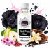 A bottle of Fizzy Whiz Black Poppy Plus fragrance oil centered on a white background, surrounded by decorative scent ingredients including black flowers, a pear, pink blossoms, vanilla beans, cinnamon, and peppercorns.