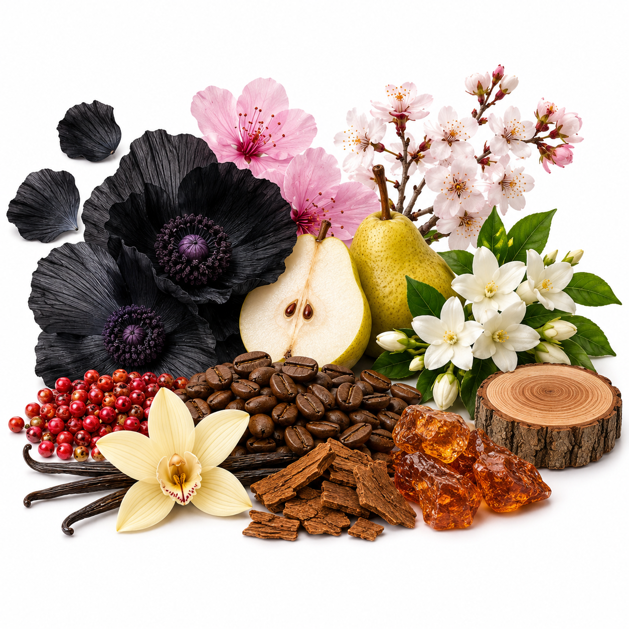 A styled botanical arrangement of natural ingredients and flowers on a white background, including dark black flowers, pink and white blossoms, a sliced pear, coffee beans, vanilla beans, cinnamon pieces, amber crystals, red berries, and a wood slice.
