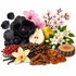 A styled botanical arrangement of natural ingredients and flowers on a white background, including dark black flowers, pink and white blossoms, a sliced pear, coffee beans, vanilla beans, cinnamon pieces, amber crystals, red berries, and a wood slice.