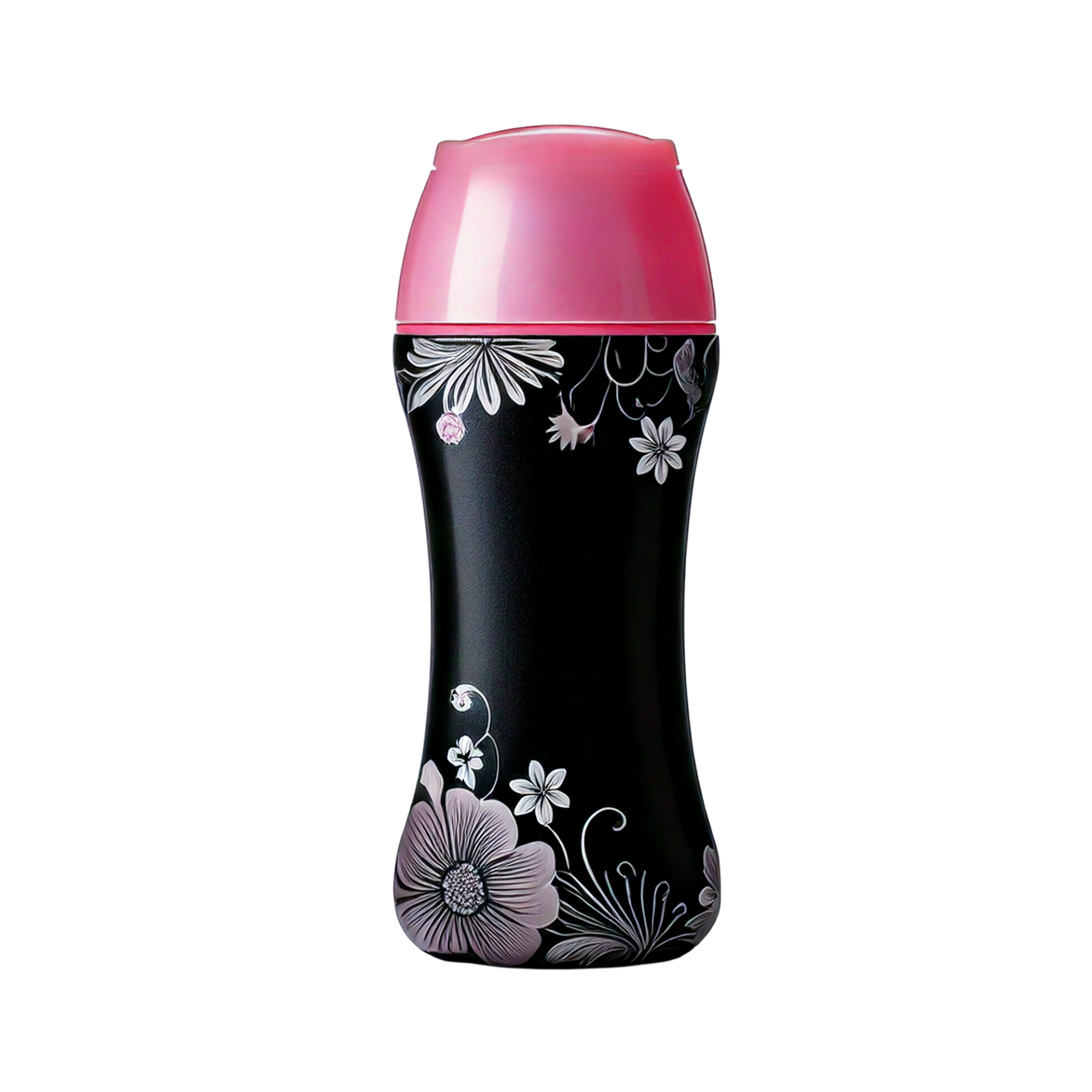 Black curved plastic bottle with a pink flip-top cap and white floral pattern, shown upright on a light background.