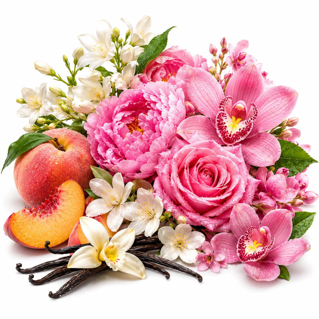 A styled floral and fruit arrangement on a white background, featuring pink roses and orchids, white blossoms, vanilla beans, and whole and sliced peaches.