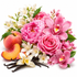 A styled floral and fruit arrangement on a white background, featuring pink roses and orchids, white blossoms, vanilla beans, and whole and sliced peaches.