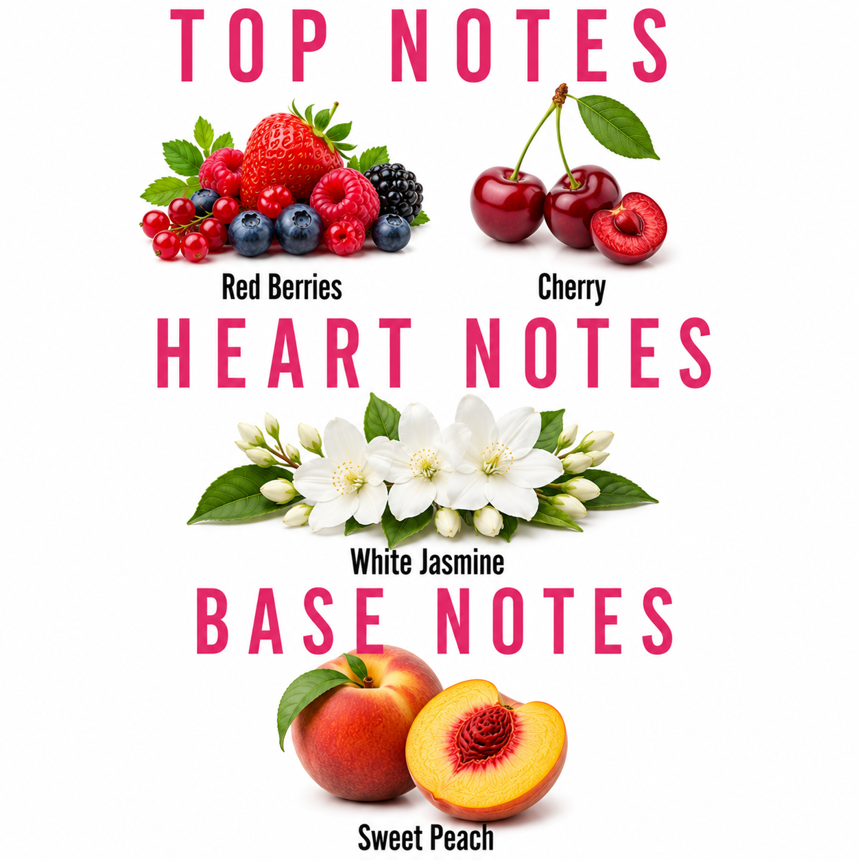 A graphic layout with the text 'TOP NOTES', 'HEART NOTES', and 'BASE NOTES' in pink on a white background, accompanied by fruit and flower illustrations labeled Red Berries, Cherry, White Jasmine, and Sweet Peach.