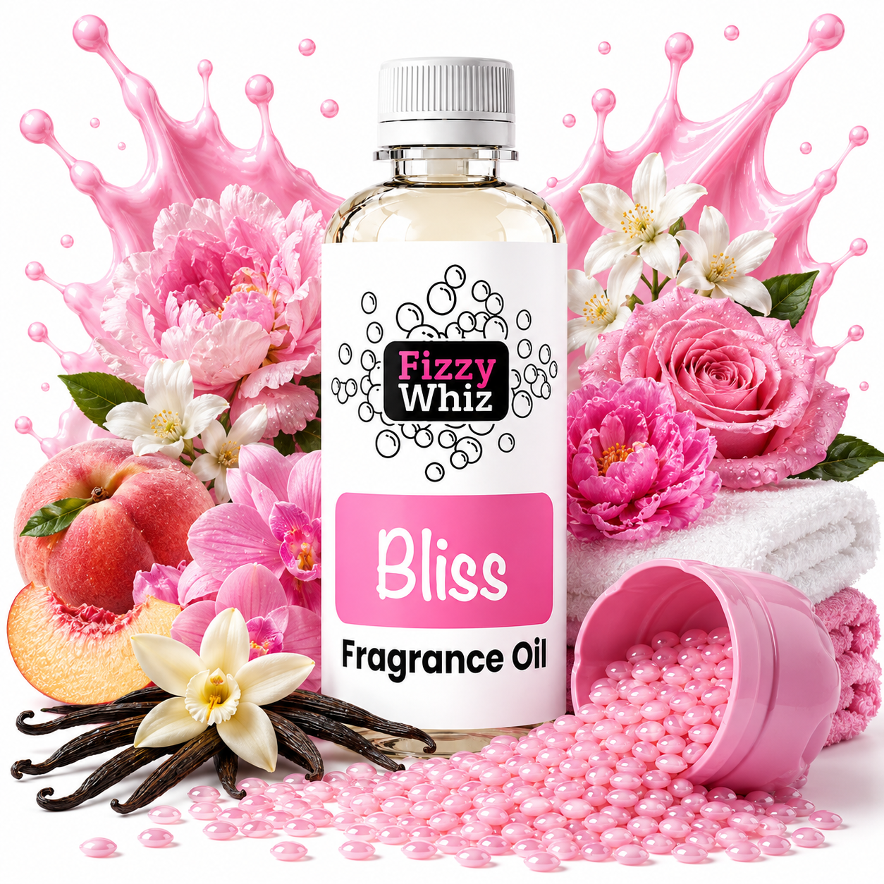 A bottle of Fizzy Whiz Bliss Fragrance Oil centered on a white background, surrounded by pink flowers, peaches, vanilla beans, pink gel beads, and a pink cap spilling beads. Pink splash graphics frame the top of the image.