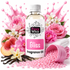 A bottle of Fizzy Whiz Bliss Fragrance Oil centered on a white background, surrounded by pink flowers, peaches, vanilla beans, pink gel beads, and a pink cap spilling beads. Pink splash graphics frame the top of the image.