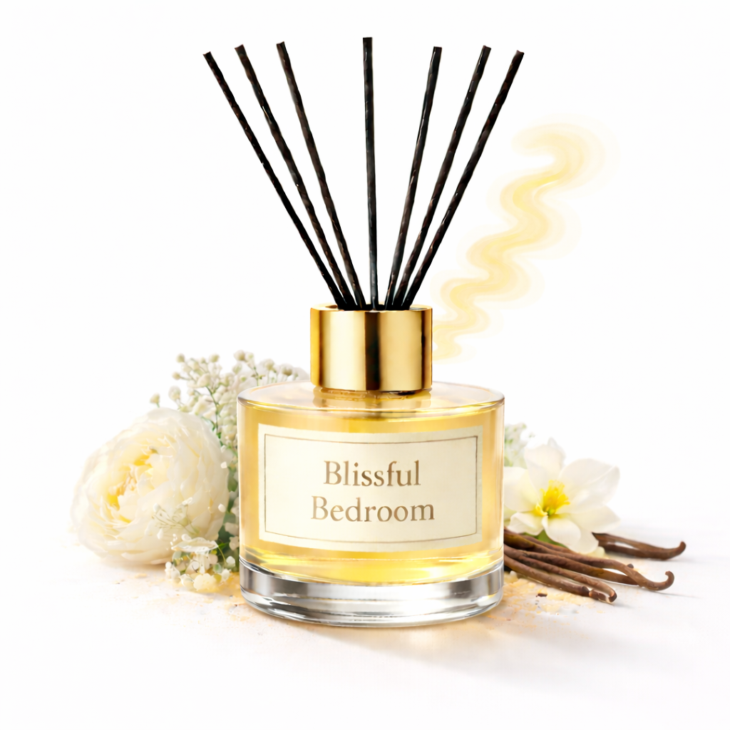 Reed diffuser labeled 'Blissful Bedroom' with flowers and vanilla beans on a white background