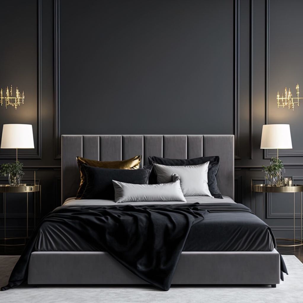 A luxurious bedroom setting with a dark gray bed, ornate gold bedding accents, and two bedside lamps with white shades. The room gives off a rich, elegant vibe with a modern touch.