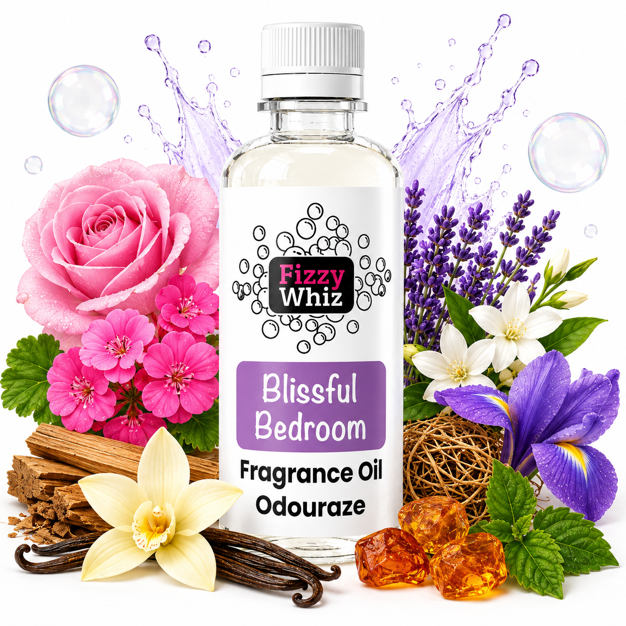 A bottle of Fizzy Whiz Blissful Bedroom Fragrance Oil surrounded by decorative flowers, vanilla beans, amber cubes, mint leaves, and water splash graphics on a white background.