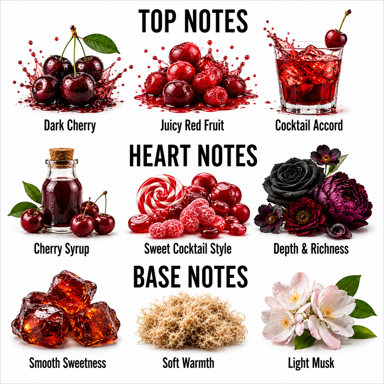 A fragrance notes graphic with the headings TOP NOTES, HEART NOTES, and BASE NOTES. It shows illustrated and photographed scent ingredients and descriptors: Dark Cherry, Juicy Red Fruit, Cocktail Accord, Cherry Syrup, Sweet Cocktail Style, Depth & Richness, Smooth Sweetness, Soft Warmth, and Light Musk.