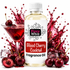 A bottle of Fizzy Whiz Blood Cherry Cocktail Fragrance Oil centered on a white background, surrounded by cherry garnishes, ice cubes, and a martini glass with a red liquid splash. The bottle label reads 'Fizzy Whiz' and 'Blood Cherry Cocktail Fragrance Oil'.