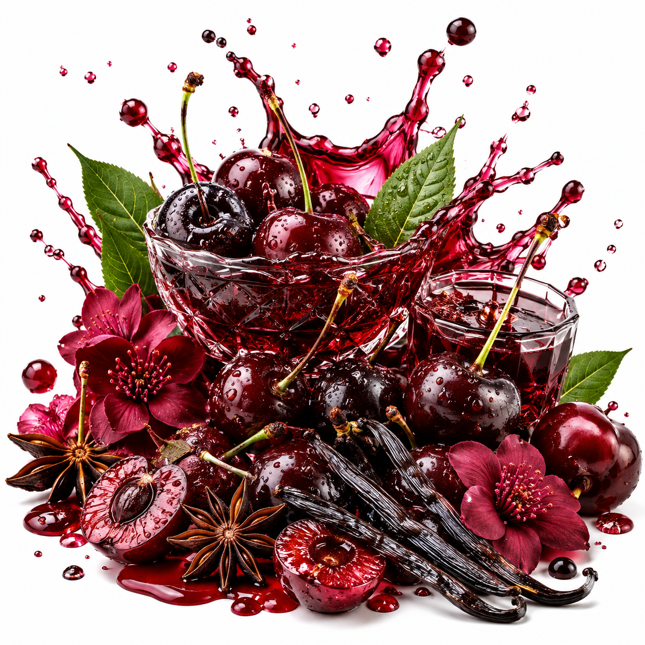 A stylized studio composition of dark red cherries, sliced cherries, vanilla beans, star anise, green leaves, and deep red liquid splashing over a glass bowl and small glass on a white background.