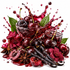 A stylized studio composition of dark red cherries, sliced cherries, vanilla beans, star anise, green leaves, and deep red liquid splashing over a glass bowl and small glass on a white background.