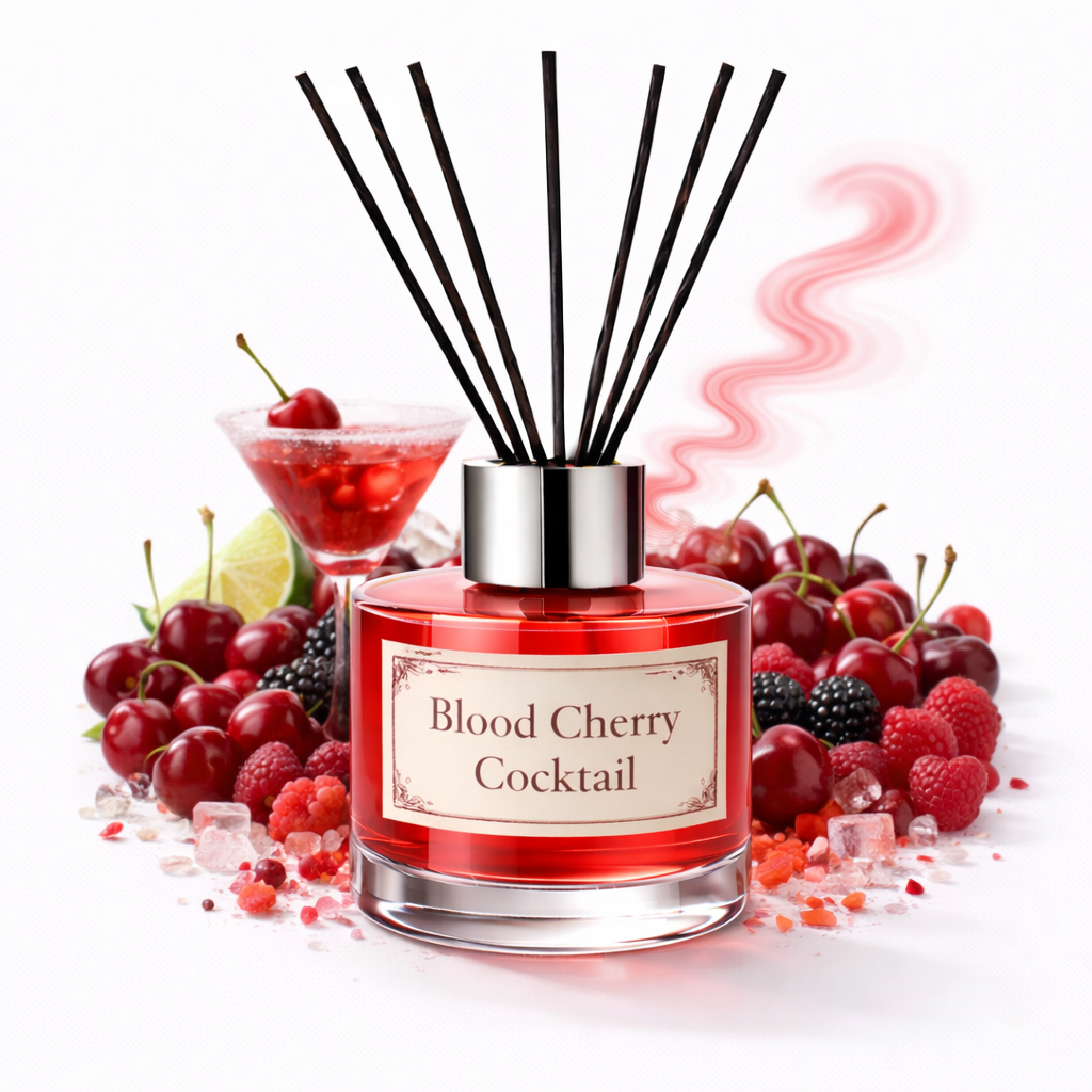Reed diffuser labeled 'Blood Cherry Cocktail' surrounded by cherry-themed decor on a white background