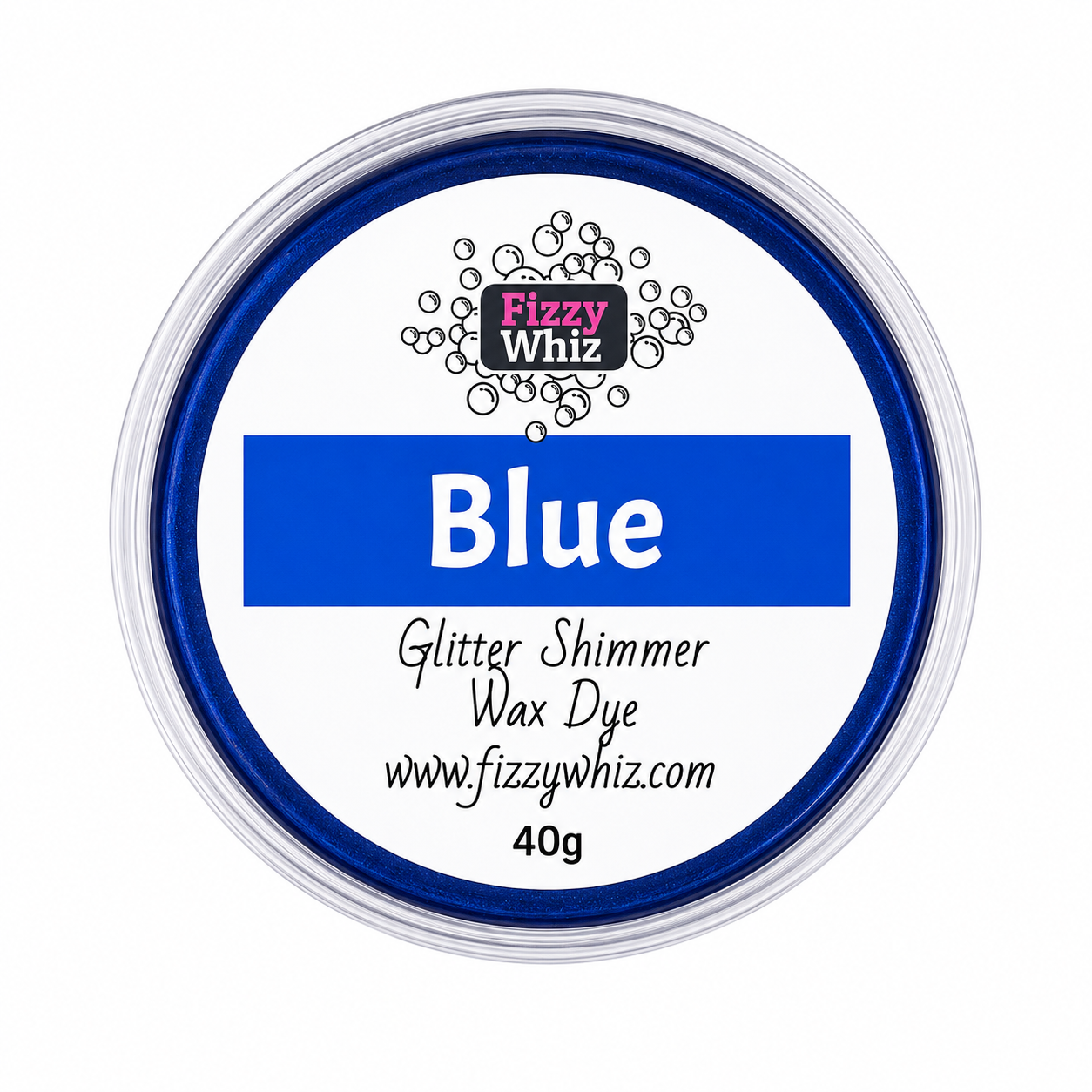 A round plastic tub of Fizzy Whiz Glitter Shimmer Wax Dye in the color Blue, with a white label and blue rim, on a white background.