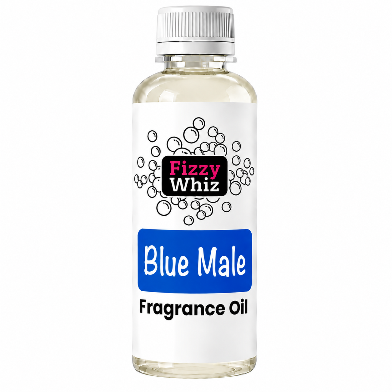 A bottle of Fizzy Whiz Blue Male Fragrance Oil, featuring a white label with a blue and black logo, a white ribbed cap, and clear liquid inside, set against a plain white background.