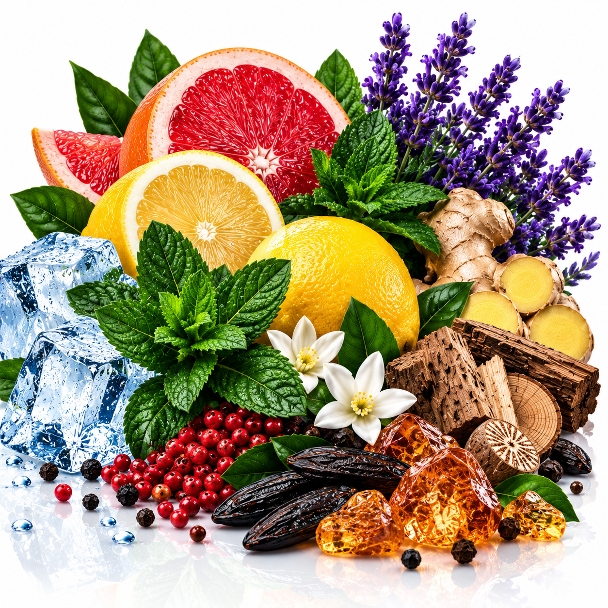 A vibrant still life arrangement of natural ingredients on a white reflective surface, including sliced grapefruit, lemon, mint leaves, purple lavender flowers, ginger root, red berries, amber crystals, dark brown dates, and blue ice cubes.